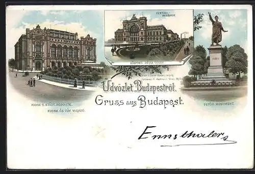 Vorläufer-Lithographie Budapest, 1895, Kiosk u. Städt. Redoute, Central-Bahnhof, Petöfi-Monument