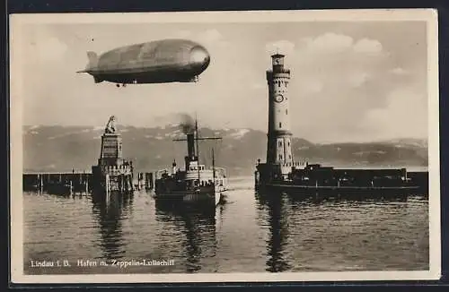 AK Lindau i.B., Hafen mit ZeppelinZeppelin-Luftschiff