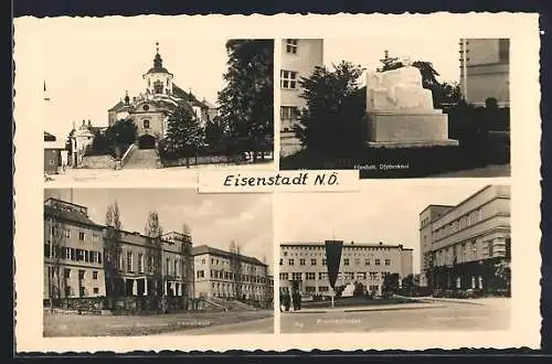 AK Eisenstadt, Lisztdenkmal, Krankenkasse mit flagge, Landhaus und Kirche