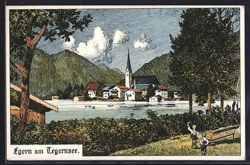 Künstler-AK Egern /Tegernsee, Seepartie mit Kirche