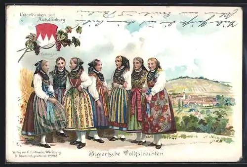 Lithographie 7 Frauen in bayrischer Volkstracht vor Uettingen