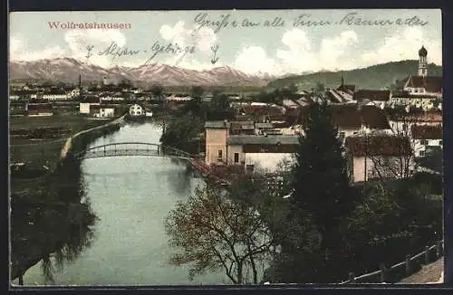AK Wolfratshausen, Gesamtansicht mit Fluss und Fernblick