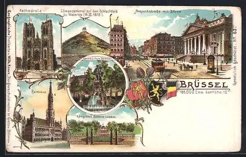 Lithographie Brüssel / Bruxelles, Anspachstrasse mit Börse, Kathedrale