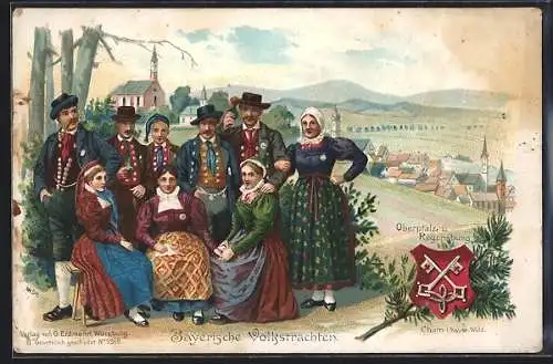 Lithographie Bayerische Volkstrachten aus Cham i. bayer. Wald