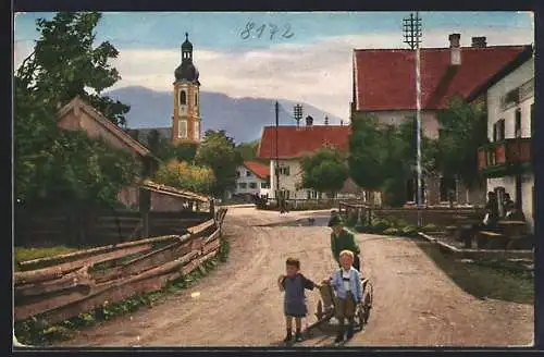 AK Lenggries a. d. Isar, Dorfstrasse mit Kindern