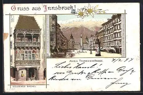 Lithographie Innsbruck, Gasthaus Goldenes Dachel, Maria Theresienstrasse