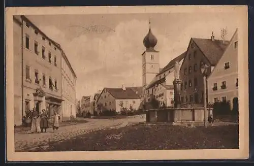AK Ruhmannsfelden /Bay., Ortspartie mit Brunen und Kirche