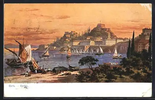 Künstler-AK F.Perlberg: Korfu, Ortsansicht, Segelschiffe, Ruderboote