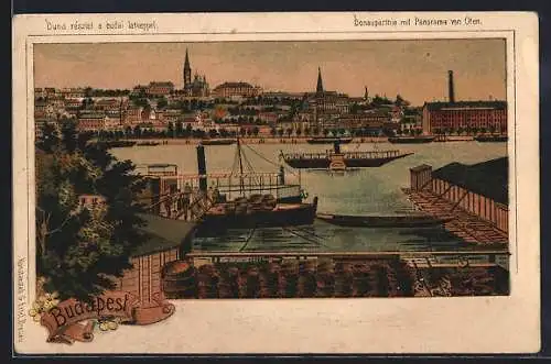 Lithographie Budapest, Donaupartie mit Panorama von Ofen