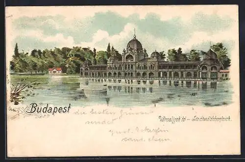 Lithographie Budapest, Stadtwäldchen, Blick aufs Ufer des Stadtwäldchenteiches