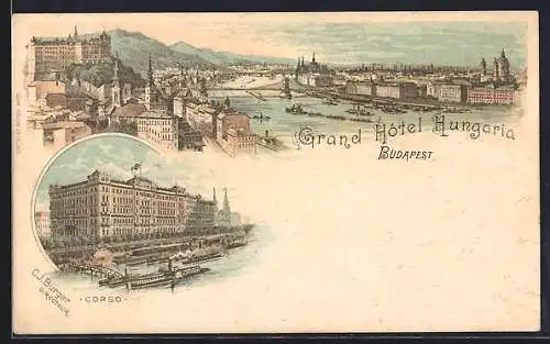 Lithographie Budapest, Blick auf die Donau mit Kettenbrücke und Corso