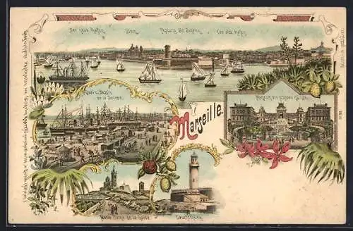 Lithographie Marseille, Totalansicht mit Neuem Hafen, Dom, Festung St. Johann und altem Hafen, Leuchtturm, Notre Dame