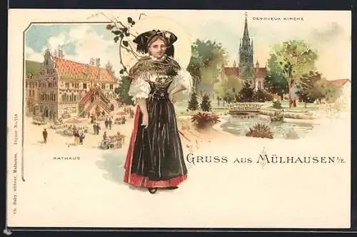 Lithographie Mülhausen, Genoveva Kirche, Rathaus, Mülhausenerin in Tracht