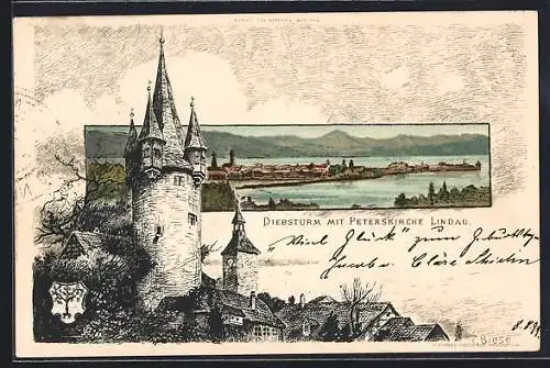 Künstler-AK Carl Biese: Lindau, Diebsturm mit Peterskirche, Teilansicht