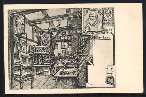 Künstler-AK Nürnberg, Innenansicht einer original Schuster Werkstatt, Porträt Hans Sachs