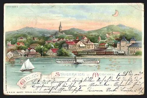 Lithographie Starnberg, Panorama vom Wasser aus, Mondschein