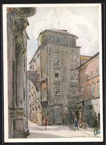 Künstler-AK Linz a. D., Pfarrplatz Ecke Pfarrgasse, Barockes Bürgerhaus