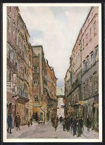 Künstler-AK Linz a. D., Pfarrgasse mit Passanten