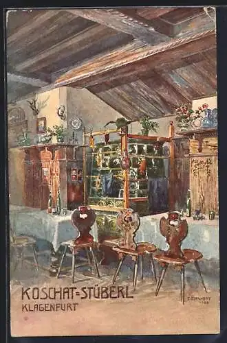 Künstler-AK Klagenfurt, Gasthof Koschat-Stüberl, Innenansicht