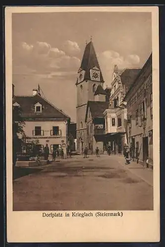 AK Krieglach, Dorfplatz mit Gasthaus & Uhrenturm