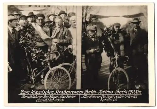 Fotografie unbekannter Fotograf, Ansicht Berlin, Fahrrad Radrenen Berlin-Kottbus-Berlin, Sieger M. Suther & A. Orlewicz