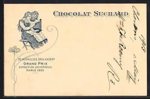 Lithographie Mutter gibt ihrer Tochter ein Stück Chocolat Suchard