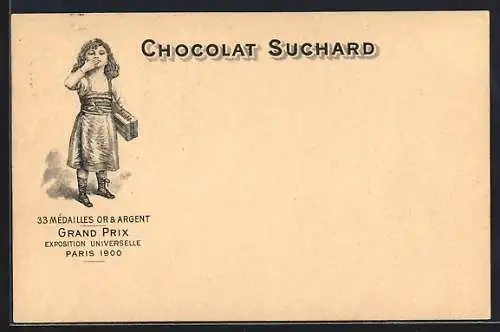 Lithographie Ein kleines Mädchen mit einer Packung Chocolat Suchard