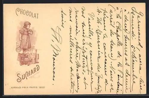 Lithographie Kleines Mädchen mit einem Bollerwagen voller Produkten von Chocolat Suchard