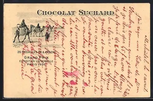 Lithographie Eine Kamel-Karawane beim Transport von Chocolat Suchard