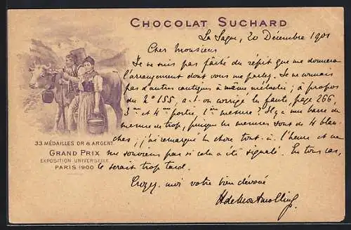 Lithographie Mann und Frau mit ihrer Milchkuh in den Bergen, Chocolat Suchard