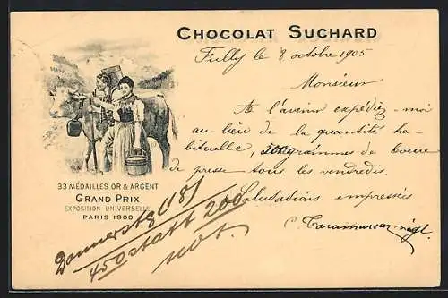 Lithographie Bauernpaar mit ihrer Milchkuh in den Bergen, Chocolat Suchard