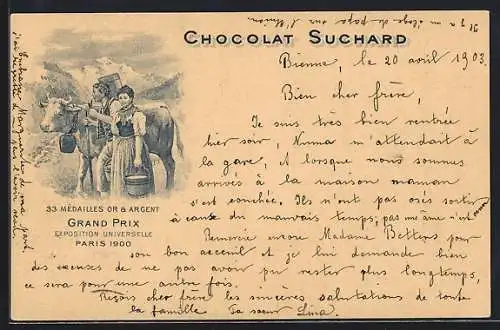 Lithographie Bauernpaar mit ihrer Milchkuh in den Bergen, Chocolat Suchard