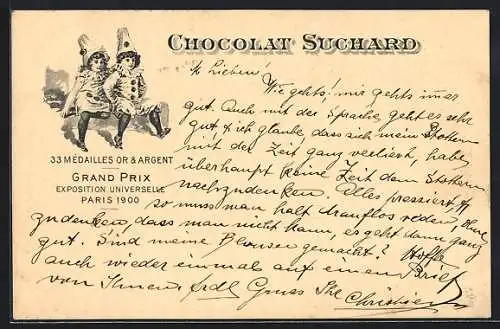 Lithographie Zwei als Harlekins verkleidete Knaben, Chocolat Suchard