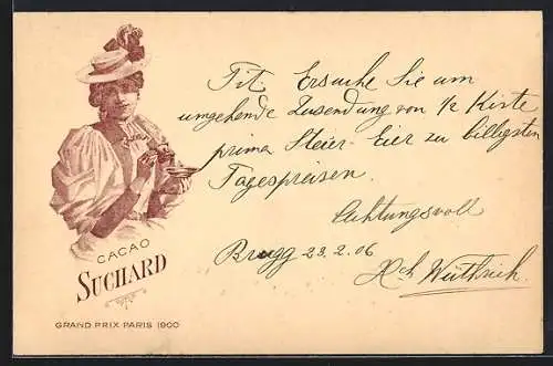 Lithographie Junge Frau mit einer Tasse Cacao Suchard in der Hand