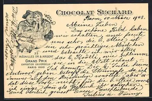 Lithographie Alte und junge Frau trinken zusammen Kakao von Chocolat Suchard