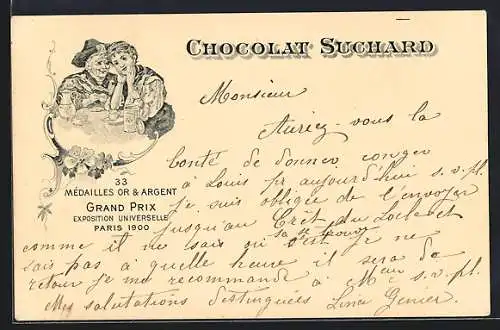 Lithographie Alte und junge Frau trinken zusammen Kakao von Chocolat Suchard