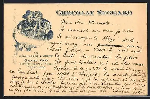 Lithographie Alte und junge Frau trinken beisammen Kakao von Chocolat Suchard