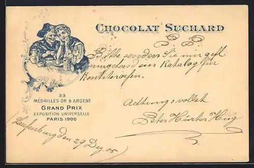 Lithographie Junge und alte Frau trinken zusammen Kakao von Chocolat Suchard