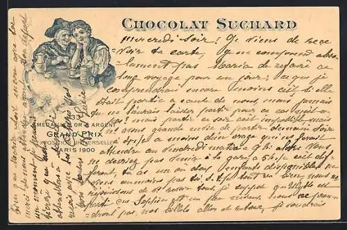 Lithographie Alte und junge Frau trinken Kakao von Chocolat Suchard