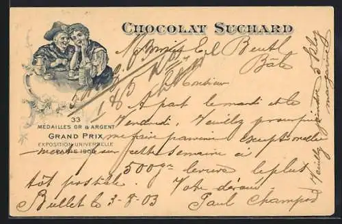 Lithographie Alte und junge Frau trinken Kakao von Chocolat Suchard