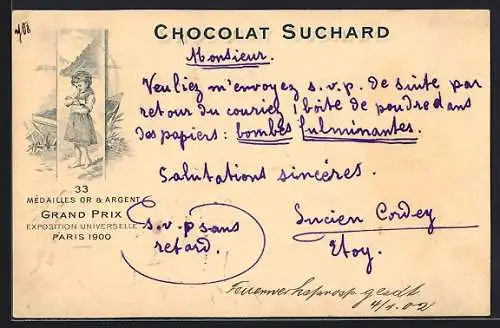 Lithographie Junges Mädchen im Kleid mit Chocolat Suchard