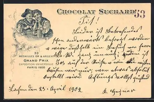 Lithographie Alte und junge Frau trinken zusammen Kakao von Chocolat Suchard