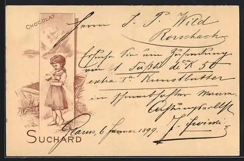 Lithographie Junges Mädchen im Bergidyll mit Chocolat Suchard