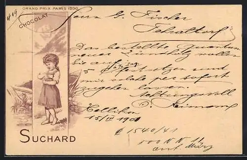 Lithographie Junges Mädchen im Bergidyll mit Chocolat Suchard