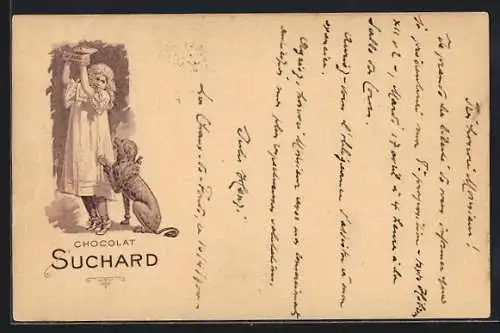 Lithographie Junges Mädchen schützt ihre Packung Chocolat Suchard vor ihrem Hund