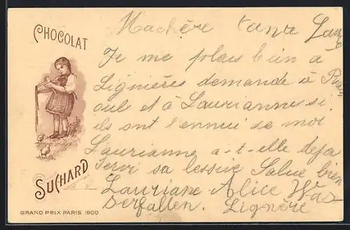 Lithographie Kleines Mädchen mit einer überlaufenden Schüssel Kakao von Suchard