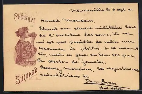 Lithographie Junge Frau mit grosser Tasse Cacao Suchard