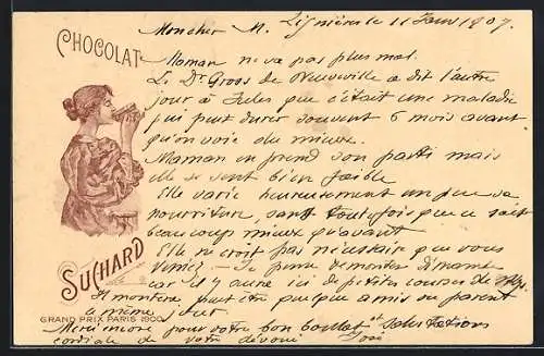 Lithographie Junge Frau mit grosser Tasse Cacao Suchard