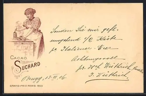 Lithographie Junge Frau bereitet eine Tasse heissen Cacao Suchard zu