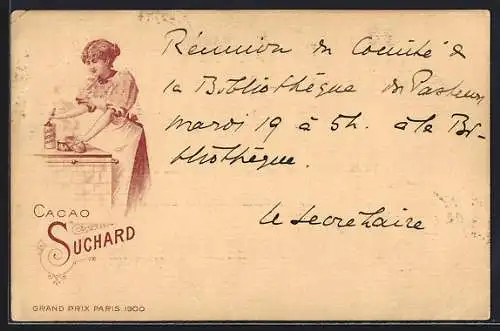 Lithographie Junge Frau mit einer Dose Cacao Suchard